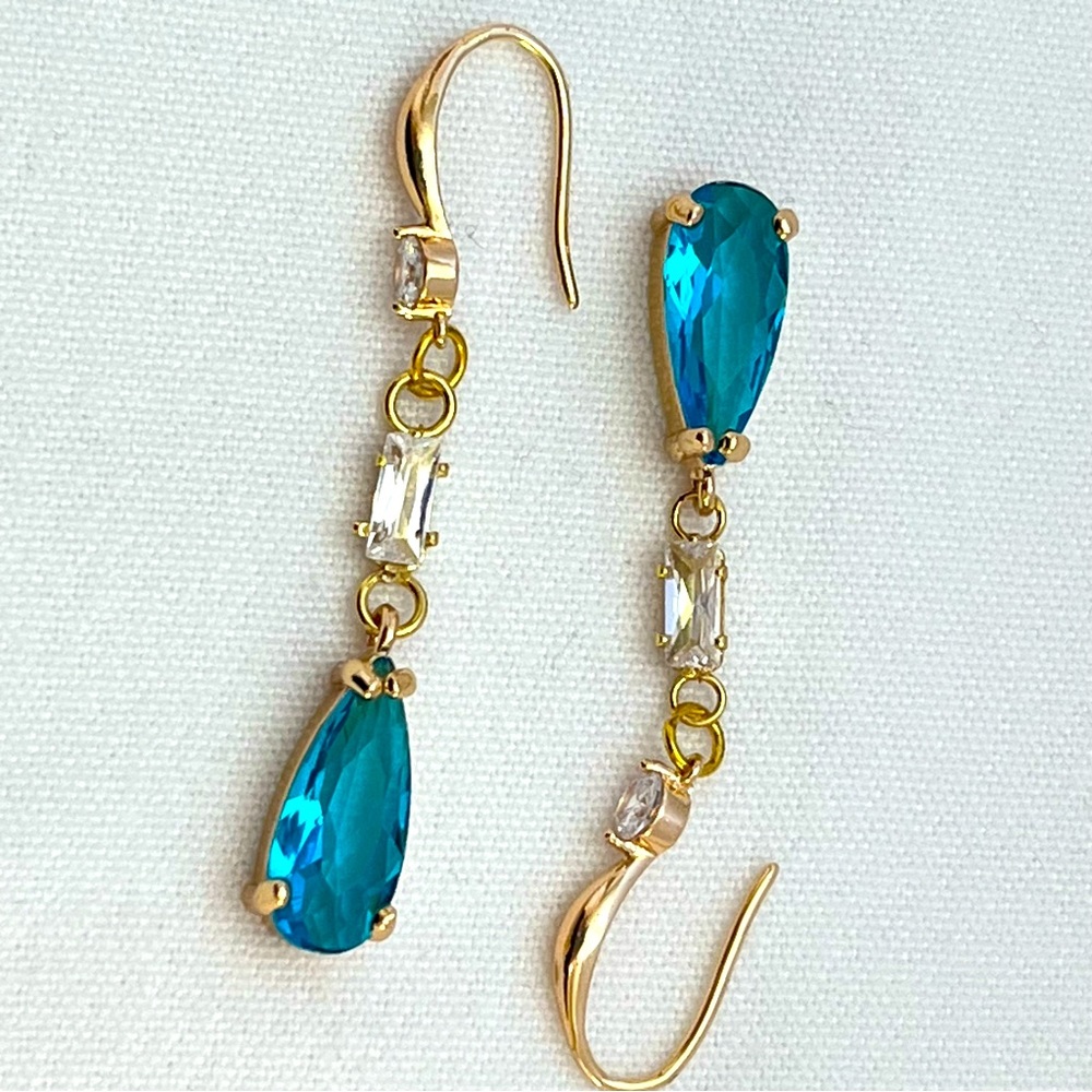 Blue Turquoise White Rhinestone Gold Dangle Earrings